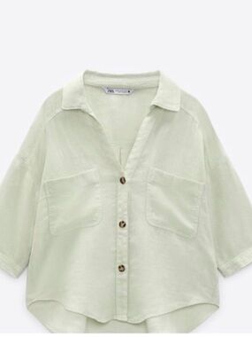 Zara Mint Green Button-Front Pocket Shirt
